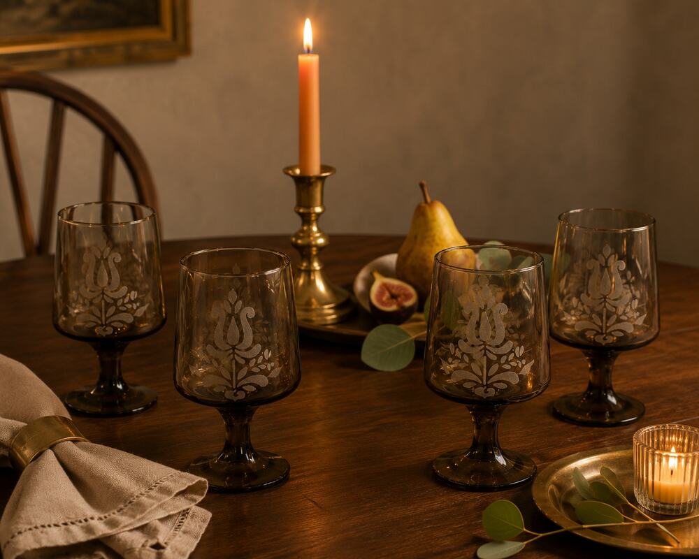Vintage Pfaltzgraff Smoke Brown Etched Goblets Set of 4 USA